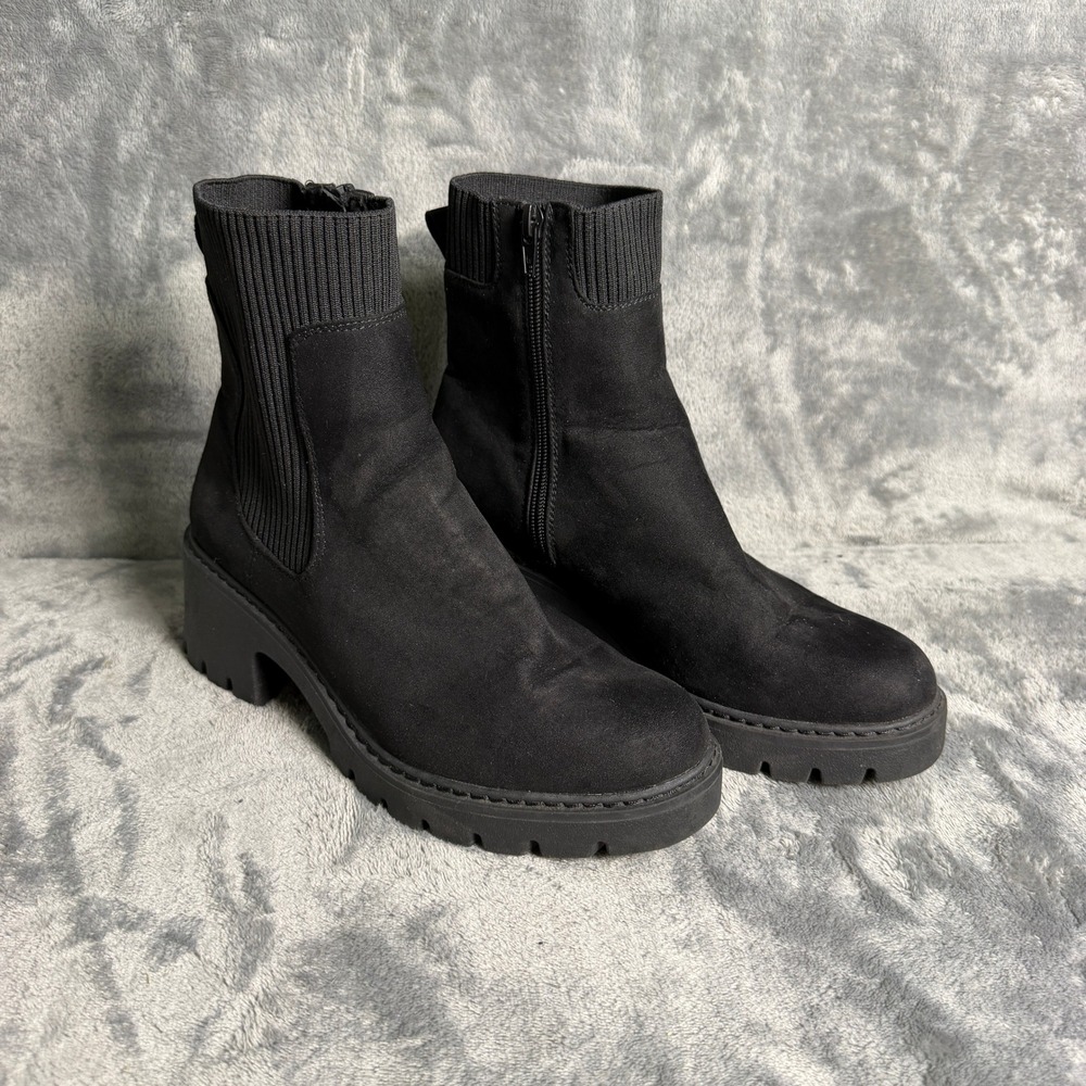 Womens 9 Black Faux Suede Lugā Sole Sock Ankle Boots No Boundaries NOBO